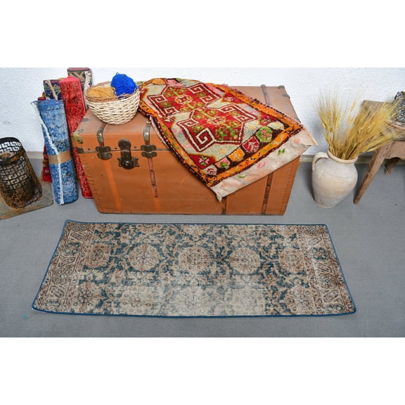 Vintage Rug, Small Rug, Turkish Rug, Oushak Rug, Rugs For Entry, 1.6x4.4 ft Blue Rug, Antique Rug, Bathroom Rugs, Small Wool Rug, 13405