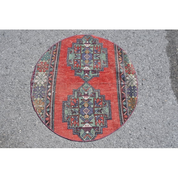 Vintage Rug, Small Rug, Turkish Rug, Round Rug, Home Decor Carpet, 37x40 inches Red Rug, Wool Entry Rugs, Office Rug, Little Rug, 10016