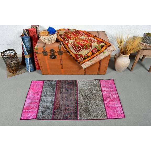 Vintage Rug, Small Rugs, Patchwork Rug, Turkish Rug, Antique Rug, Rugs For Bathroom, 2x3.9 ft Pink Rug, Overdyed Rug, Small Boho Rug, 13444