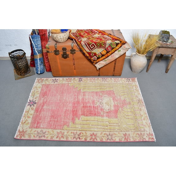 Vintage Rug, Turkish Prayer Rug, Small Rugs, Antique Rug, Rugs For Gift, 3.1x4.6 ft Pink Rug, Anatolian Rugs, Handmade Wool Rug, 13394