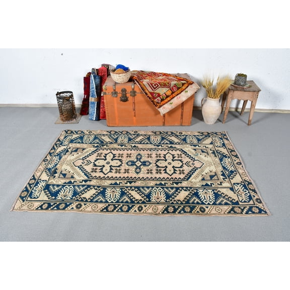 Vintage Rug, Turkish Rug, Accent Rug, Antique Rugs, Anatolian Rug, Rugs For Entry, 3.9x6 ft Blue Rug, Oushak Rug, Dorm Accent Rug, 13204