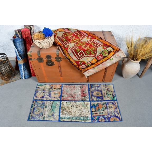 Vintage Rug, Turkish Rug, Patchwork Rug, Small Rug, Antique Rugs, Rugs For Entry, 1.6x3.3 ft Blue Rug, Anatolian Rug, Bath Mat Cute, 13437