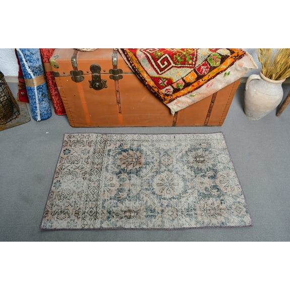 Vintage Rug, Turkish Rug, Small Rug, Faded Anatolian Rug, Rugs For Entry, 2x3.4 ft Blue Rug, Wool Rug, Antique Rug, Modern Bath Mat, 13415