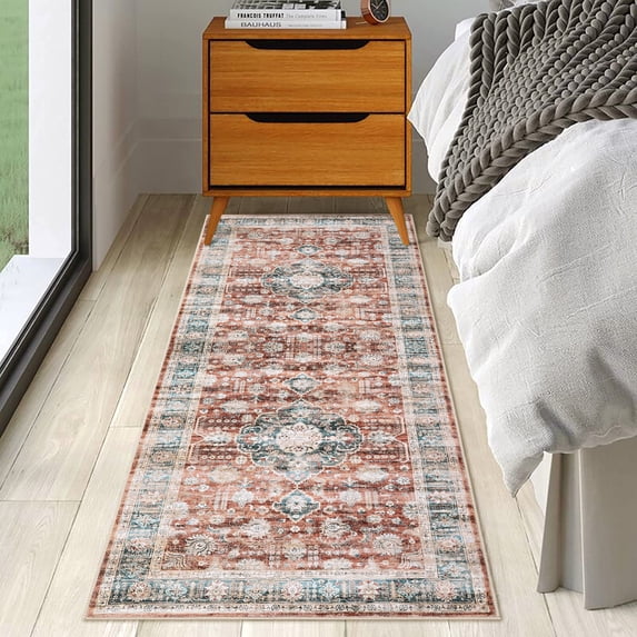 Vintage Runner Rug – Washable, Non-Slip, Distressed Floral Boho Medallion Carpet for Hallway, Entryway, Kitchen, Living Room, Bedroom, Bathroom – Brick Red, USA, 2x6ft (61x183cm)