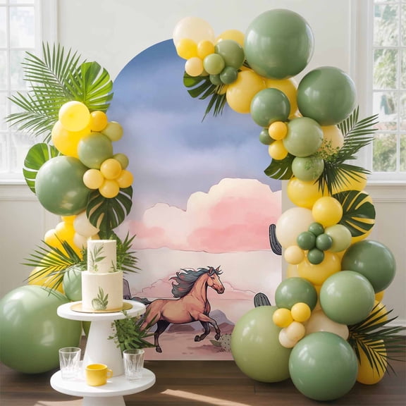 Vintage Running Arch Backdrop Cover, 6FT, Horse Pink Sky and Mountain Spandex Arch Covers Double-Sided Backdrop for Wedding Birthday Party Photo Background Decoration