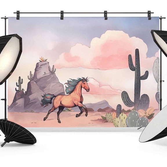 Vintage Running Backdrop for Photography, Horse Pink Sky and Mountain Photo Backdrop Portrait Background Party Banner Photo Backgrounds for Studio Booth Props, 7x5ft