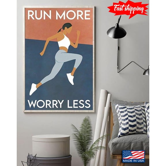 Vintage Running Girl Run More Worry Less 24 x 36 Inch Poster
