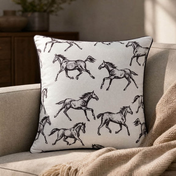 Vintage Running Horse Print Throw Pillow, Farmhouse Decorative Cushion