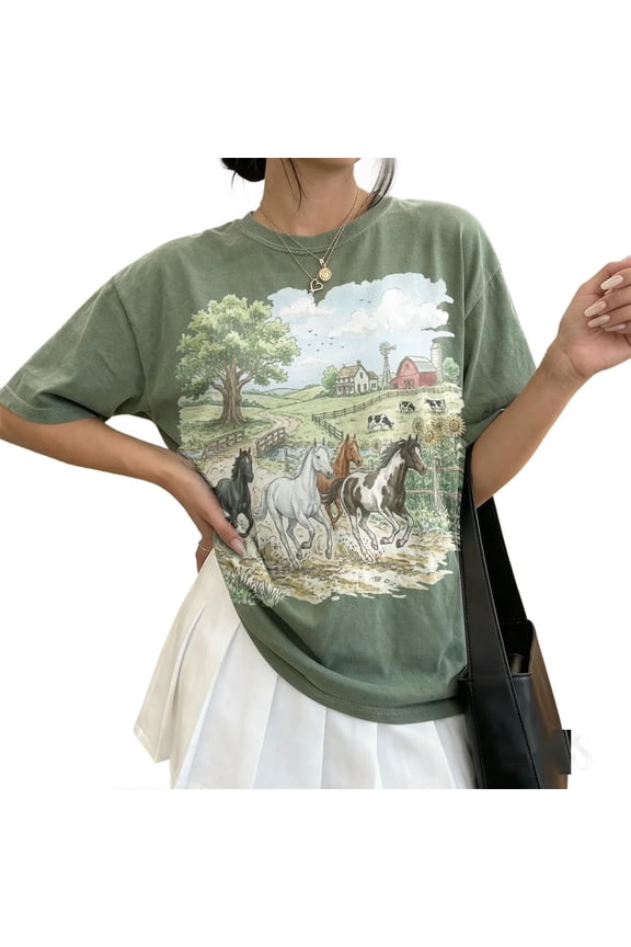 Vintage Running Horses Western Nature Comfort Graphic Casual T-Shirt for Men and Women