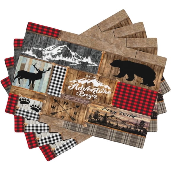 Vintage Rural Bear Deer Placemats Old Plaid Planks Forest Nature Cabin Hunting Camping Wildlife Placemats Table Kitchen Dining Party 12x18 Inch Set of 4
