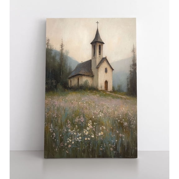 Vintage Rural Church Wall Art Print, Rustic Farmhouse Country Landscape Decor