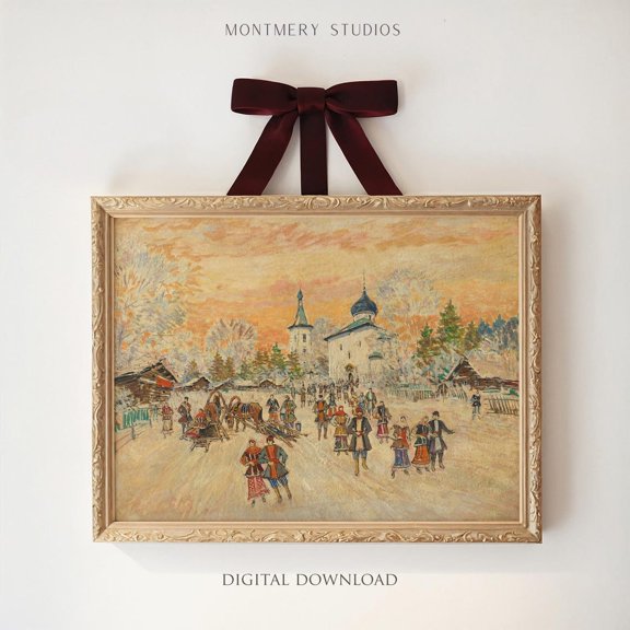 Vintage Russian Village at Poster Wall Art Poster, Snowy Town Art, Cozy Winter Village Art Print Poster, Neutral Village Art, W283, Stretched Canvas Size 16x24 F03.1.19l229