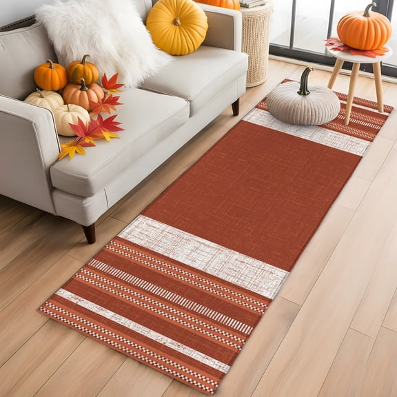 Vintage Rust Red Striped Runner Rug 2x6 FT,Non Slip Hallway Rugs,Farmhouse Modern Stripes Boho Washable Soft Floor Carpet Throw Runner Carpet Long Rug for Entryway Kitchen Bedside Sliding Door