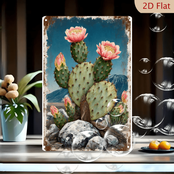 Vintage Rusted Metal Wall Art, 8x12 Inch Prickly Pear Cactus with Pink Flowers, Desert Landscape Painting on Tin for Home Decor