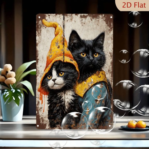 Vintage Rusted Metal Wall Art 8x12in, Whimsical Tuxedo and Black Cats in Wizard Robes, Distressed Fantasy Poster with Melting Hat, Rustic Grunge Decor for Home Office