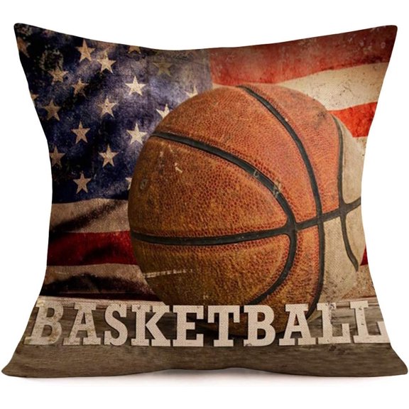 Vintage Rustic American Flag with Basketball Throw Pillow Cover for July 4th Independence Day Decorative Pillow Covers Cotton Linen Throw Pillow Case Patriotic Cushion Cover 18" x 18"(Basketball Flag)