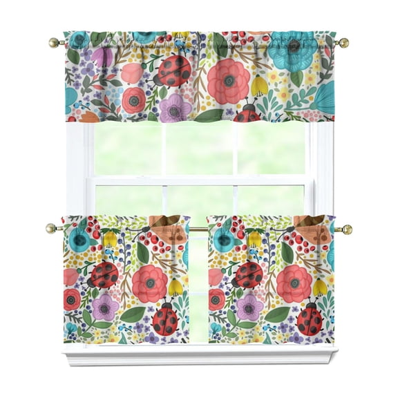 Vintage Rustic Bloom Curtains 24 Inch - 3 Panel Country Bohemian Set with Wildflowers, Rod Pocket
