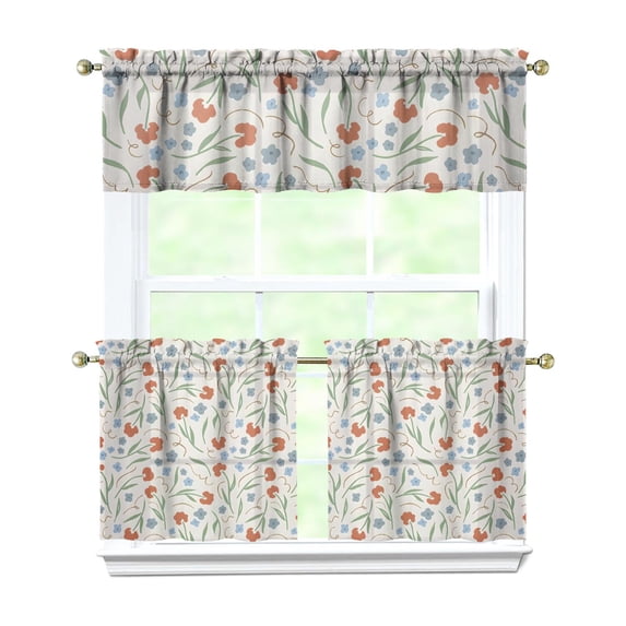 Vintage Rustic Bloom Curtains 24 Inch Short - 3 Panel Country Bohemian Set with Wildflowers, Rod Pocket Kitchen