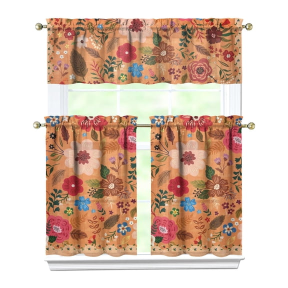 Vintage Rustic Bloom Curtains 36 Inch - 3 Panel Country Bohemian Set with Wildflowers, Rod Pocket Kitchen Window Drapes for Farmhouse Decor