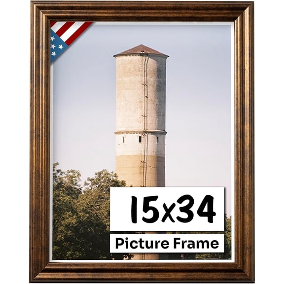 Vintage Rustic Bronze 15x34 Picture Frame .75" Inch Wide - Farmhouse Decor for Wall Handmade Solid Wood Frames with Preinstalled Hangers and UV Blocking Plexiglass 34x15 Frame