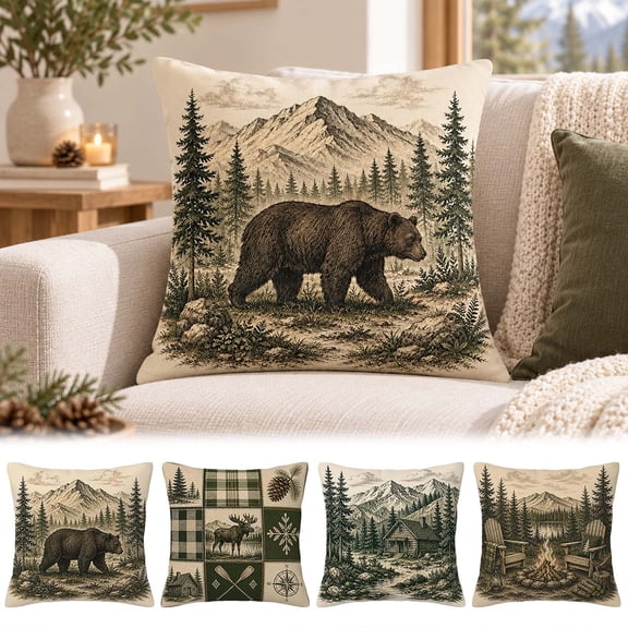 Vintage Rustic Brown Bear Throw Pillow Cover 15.75x15.75 Inch, Wildlife Mountain Forest Cabin Decorative Pillow Case for Sofa Couch, Country Lodge Home Decor