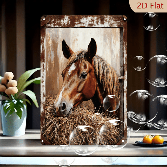 Vintage Rustic Brown Horse Eating Hay in Barn, 8x12 Inches Metal Wall Art with Weathered Wood Frame Border, Farmhouse Decor for Kitchen Living Room