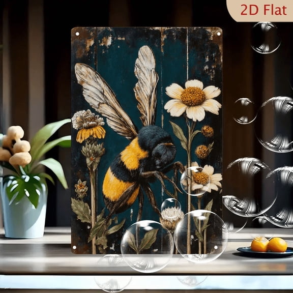 Vintage Rustic Bumblebee on Flowers Wall Art, 8x12 Inch Metal Tin Sign, Antique Botanical Print with Fuzzy Bee and Daisy on Weathered Teal Blue Wood Plank Background, Farmhouse Home Decor