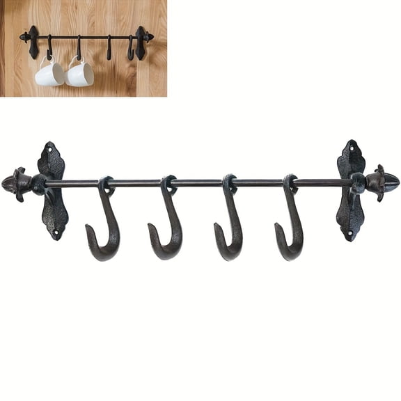 Vintage Rustic Cast Iron Wall Hook Rack, Heavy Duty Decorative Organizer with 4 Removable Hooks, Rustic Farmhouse Wall-Mounted Hanger Ideal for Coats, Bags, Keys, Perfect Gift for Housewarming