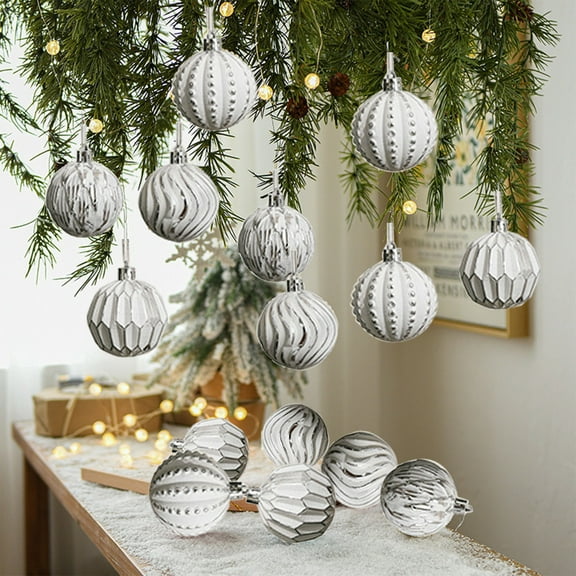 Vintage Rustic Christmas Ornaments Balls Sets, 16PCS Plastic Farmhouse Distressed Retro Metal Tree Decorations Shatterproof Antique Traditional Style Xmas Hanging Ornaments White Silver
