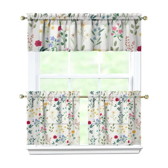 Vintage Rustic Curtains 24 Inch - 3 Panel Bohemian Floral Farmhouse Set with Wildflowers, Rod Pocket Kitchen Window Drapes