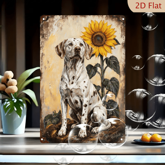 Vintage Rustic Dalmatian Dog with Sunflower on Rock, 8x12 inch Metal Wall Art, Painterly Autumn Scene with Beige Parchment Texture for Farmhouse Decor