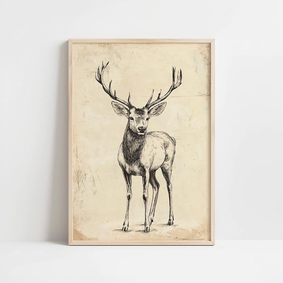 Vintage Rustic Deer Sketch Wall Art, Neutral Nursery Wall Art, Woodland Drawing, Minimalist Deer Antlers, Poster Only
