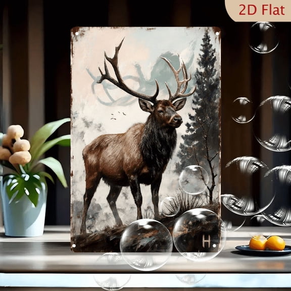 Vintage Rustic Elk on Rocky Outcrop Metal Wall Art, 8x12 Inches, Majestic Bull with Antlers in Misty Forest, Weathered Farmhouse Decor for Cabin Living Room