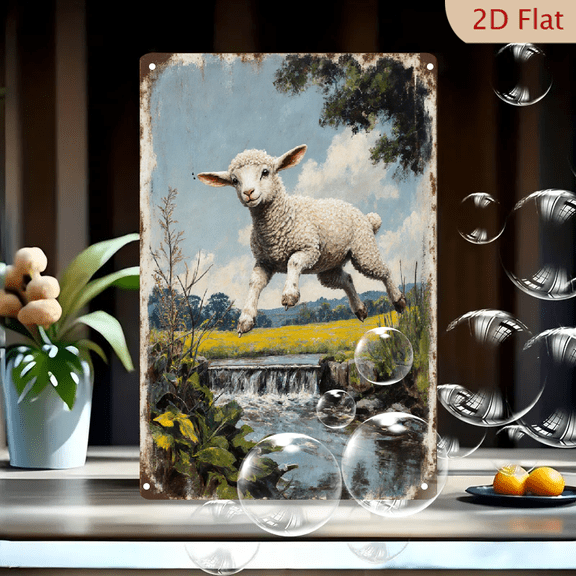 Vintage Rustic Farm Animal Wall Art, 8x12 Inches Metal Sign Featuring Fluffy White Lamb Leaping Over Stream with Pastoral Green Hills and Blue Sky Background, Distressed Rusted Border for Country Hom
