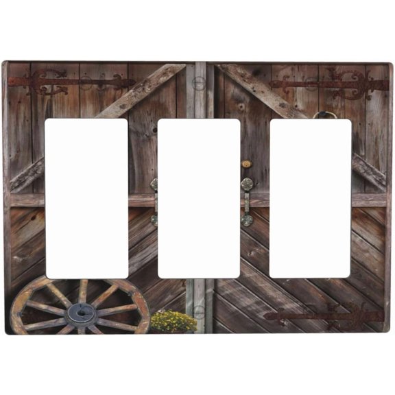 Vintage Rustic Farmhouse Brown Wood Barn Door Triple Rocker Decora Outlet Covers 3 Gang Light Switch Cover Decorative Gfci Electrical Wall Plate Receptacle Switchplate Faceplate for Country Bathroom