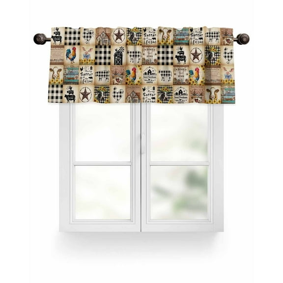 Vintage Rustic Farmhouse Plaid Kitchen Valances for Windows Farm Animals Barn Stars Valance Curtains for Kitchen /Living Room/Bedroom/ Bathroom Decor, 54"x18 " ,Rod Pocket 1 Panel,