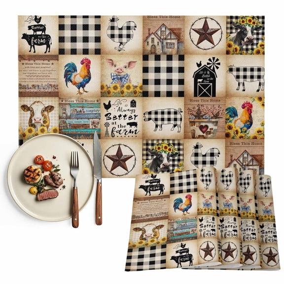 Vintage Rustic Farmhouse Plaid Placemats Set of 6, Farm Animals Barn Stars Table Mats Washable Heat-Insulation Non-Slip Place Mats for Kitchen Dinner Table Indoor Outdoor Decor,13x19 Inch