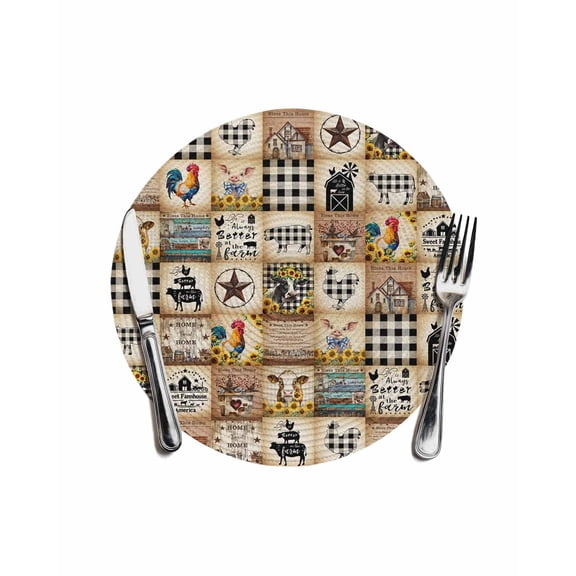 Vintage Rustic Farmhouse Plaid Round Table Placemats 1 pc, Farm Animals Barn Stars Washable Woven Place Mats for Dining Tables Kitchen Party Decor,Heat Proof, 13in,