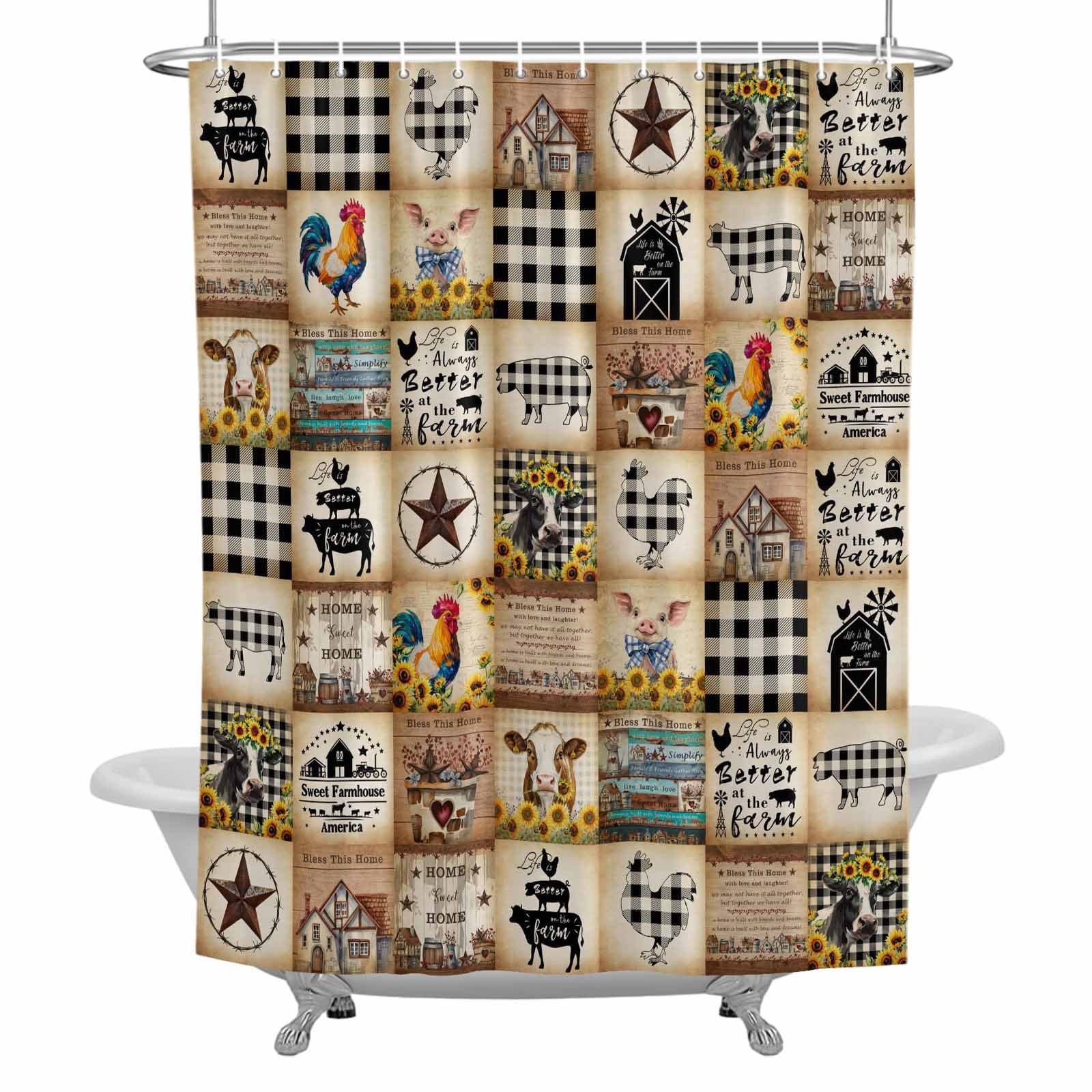Vintage Rustic Farmhouse Plaid Shower Curtain Set with Hooks, Farm Animals Barn Stars Waterproof Fabric Bathroom Curtains Decor Home Accessories,72X 96 Inch Extra Long