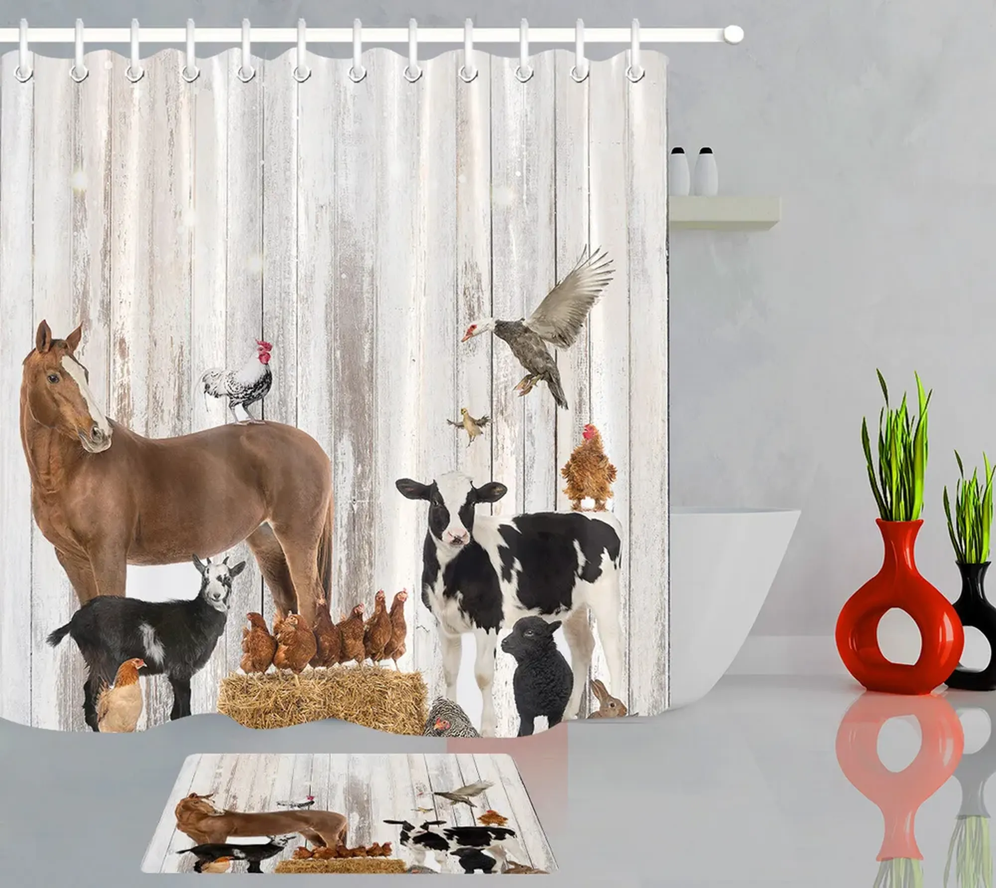 Vintage Rustic Farmhouse Shower Curtain with Animal Prints Chic