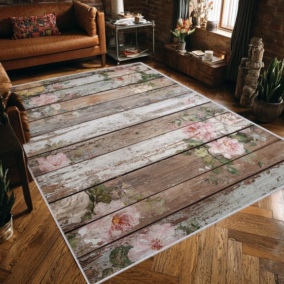 Vintage Rustic Floral Area Rug,Shabby Chic Pink Peony Weathered Wooden Plank Design, Soft Distressed Wood Grain Carpet for Living Room Bedroom 3x4ft