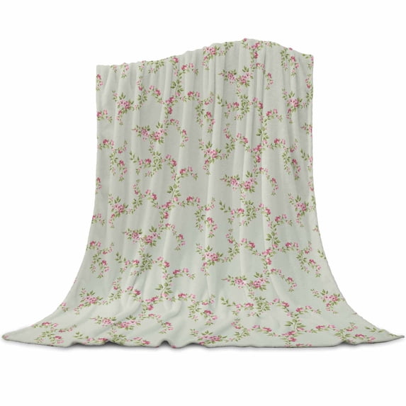 Vintage Rustic Floral Light Pink Roses Leaves Sage Green Flannel Blanket for Bed,Travel and Camping, Super Soft Cozy Blanket for All Seasons 50"x60"