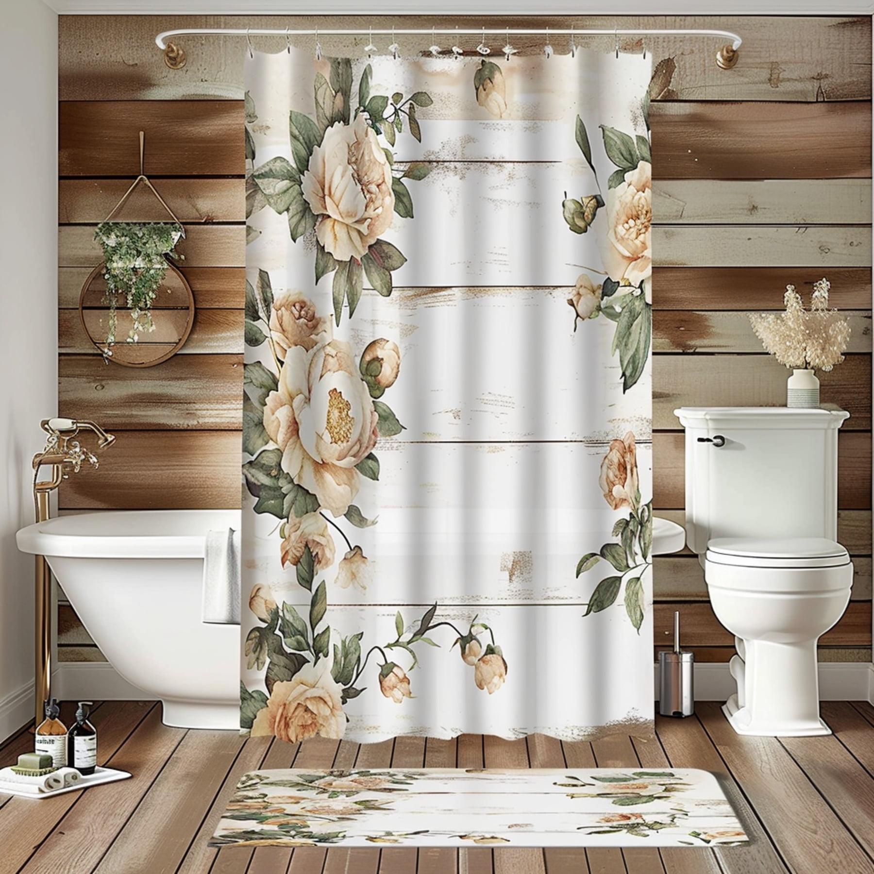 Vintage Rustic Floral Shower Curtain Set Farmhouse Style Bathroom Decor