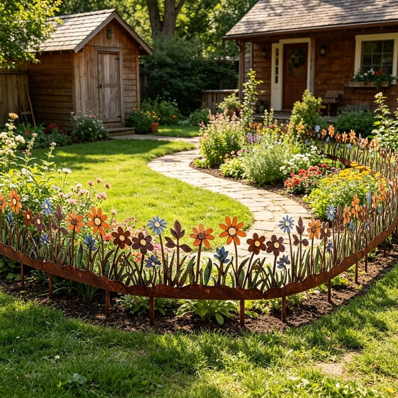 Vintage Rustic Floral Wrought Iron Garden Fence, Sturdy Ground Spike Craft Ornament, Stylish Border Decor for Outdoor Yard Lawn Landscape Art Display Arrangement