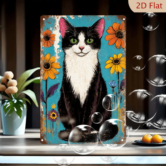Vintage Rustic Folk Art 8x12in Metal Wall Sign Featuring Black and White Tuxedo Cat with Green Eyes Amidst Colorful Sunflowers, Daisies and Wildflowers on Turquoise Weathered Background
