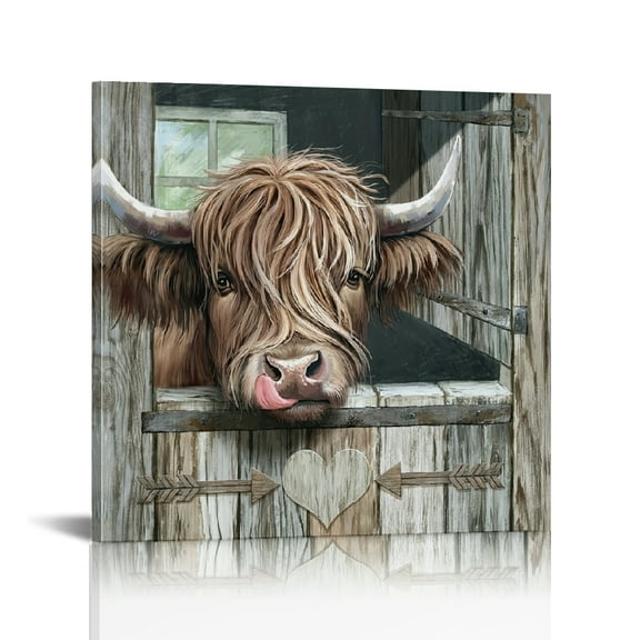 Vintage Rustic Funny Highland Cow Canvas Wall Art Print, Animal Theme Wall Art, Farmhouse Decor, Wood Framed Ready to Hang, for Living Room, Bedroom, Dining Room, Office