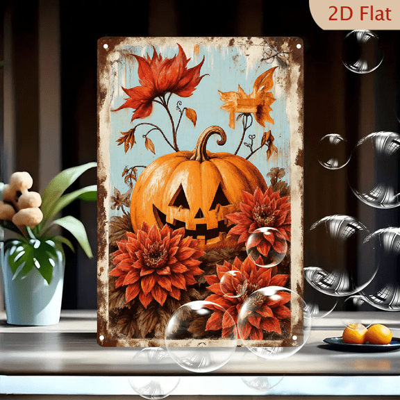 Vintage Rustic Halloween Pumpkin Jack-o'-Lantern with Red Dahlias 8x12 Inch Metal Wall Art, Distressed Antique Frame, Autumn Floral Decor for Home