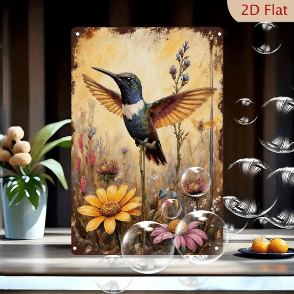 Vintage Rustic Hummingbird and Wildflowers 8x12 Inch Metal Wall Art, Vibrant Iridescent Bird with Golden Wings Hovering Over Colorful Meadow, Distressed Parchment Background for Home Decor
