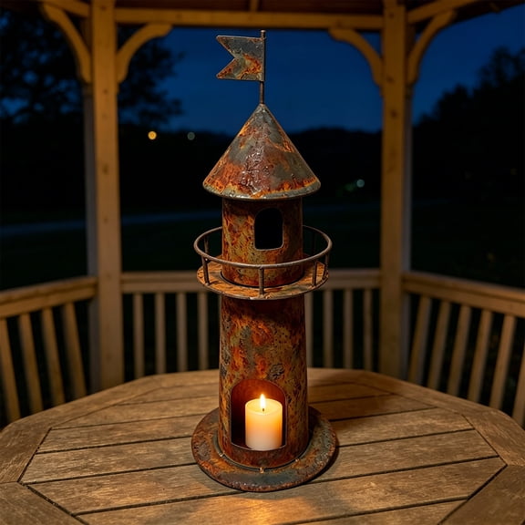 Vintage Rustic Lighthouse Metal Candle Holder, Rust-Resistant Easy-Hang Hanging Tabletop Iron Candle Decor for Home Garden Porch Patio Indoor Outdoor Use