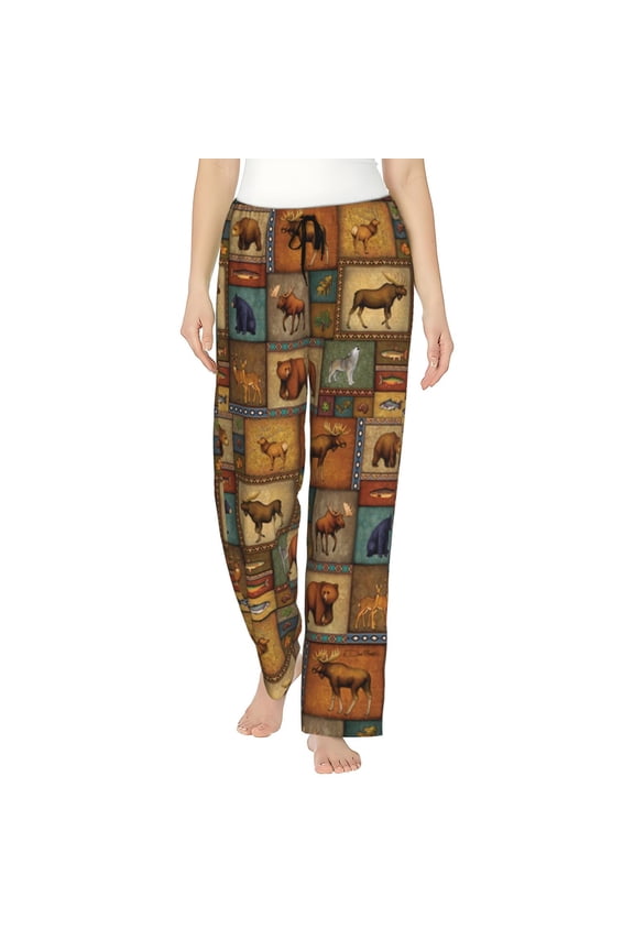 Vintage Rustic Lodge Bear Moose Fish Animal Women'S Comfy Pajama Pants With Pockets,Soft Stretch Drawstring Lounge Pants, Soft Casual Wide Leg Pjs Sleep Bottoms X-Large